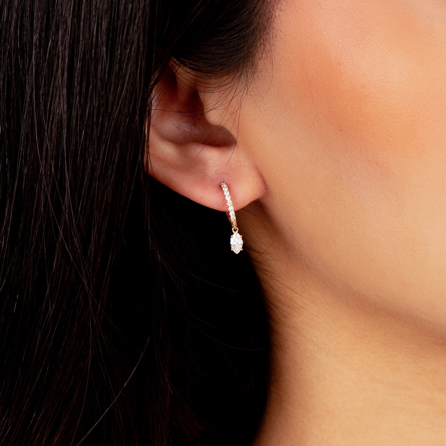18K Gold Pave Diamond Cascade Huggies  With Marquise Drop