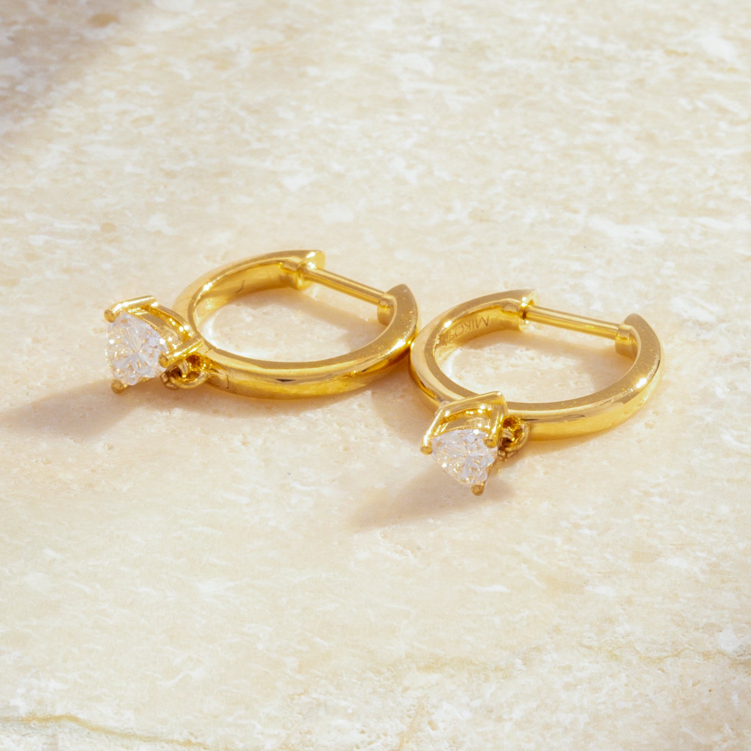 18K Gold Huggies With Heart Diamond Drop