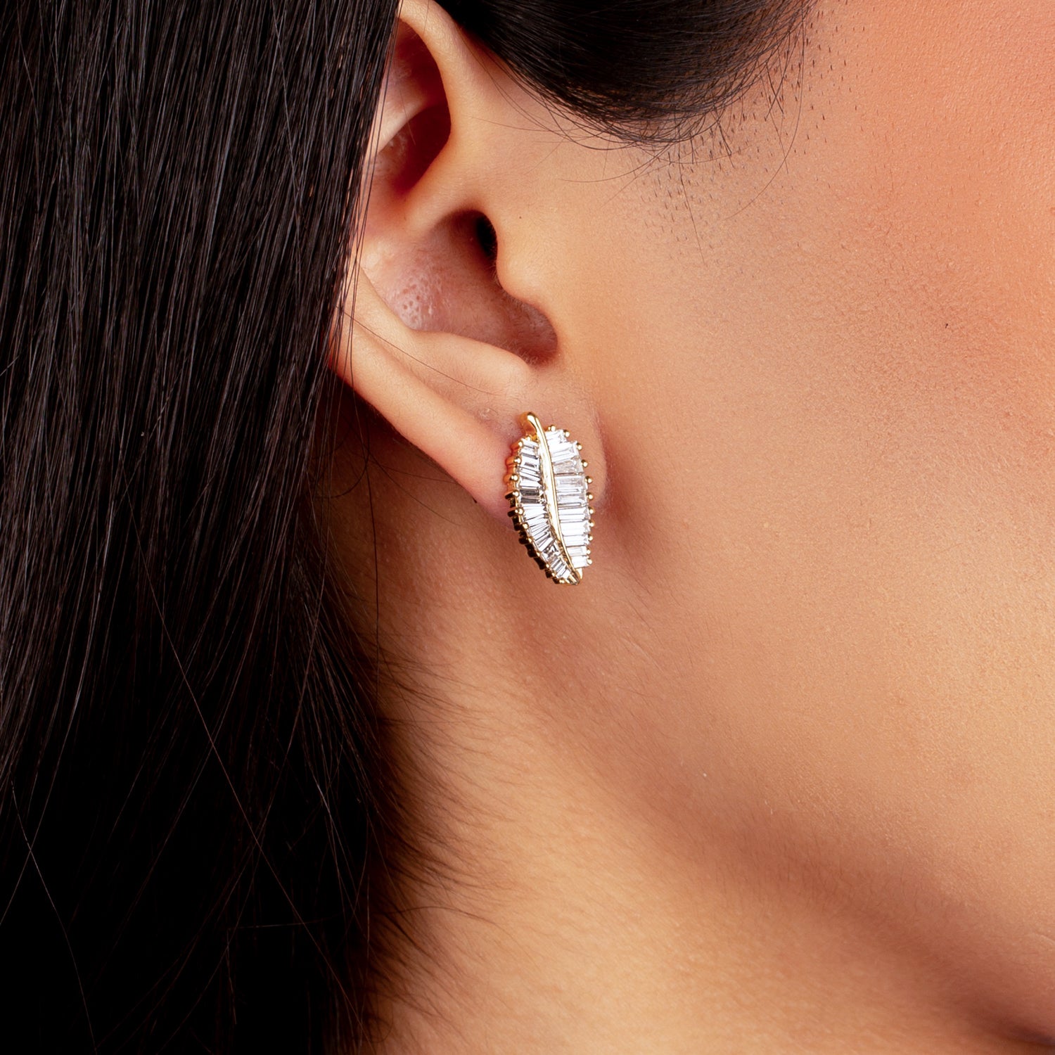 18K Gold Baguette Diamond Palm Bliss Studs