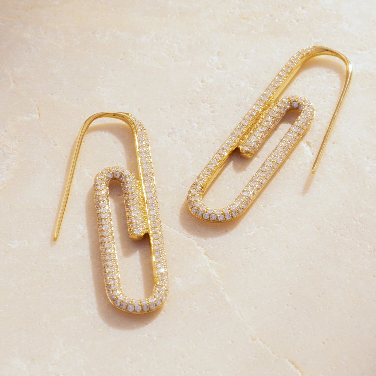 18K Yellow Gold Diamonds Paved Paperclip Earrings