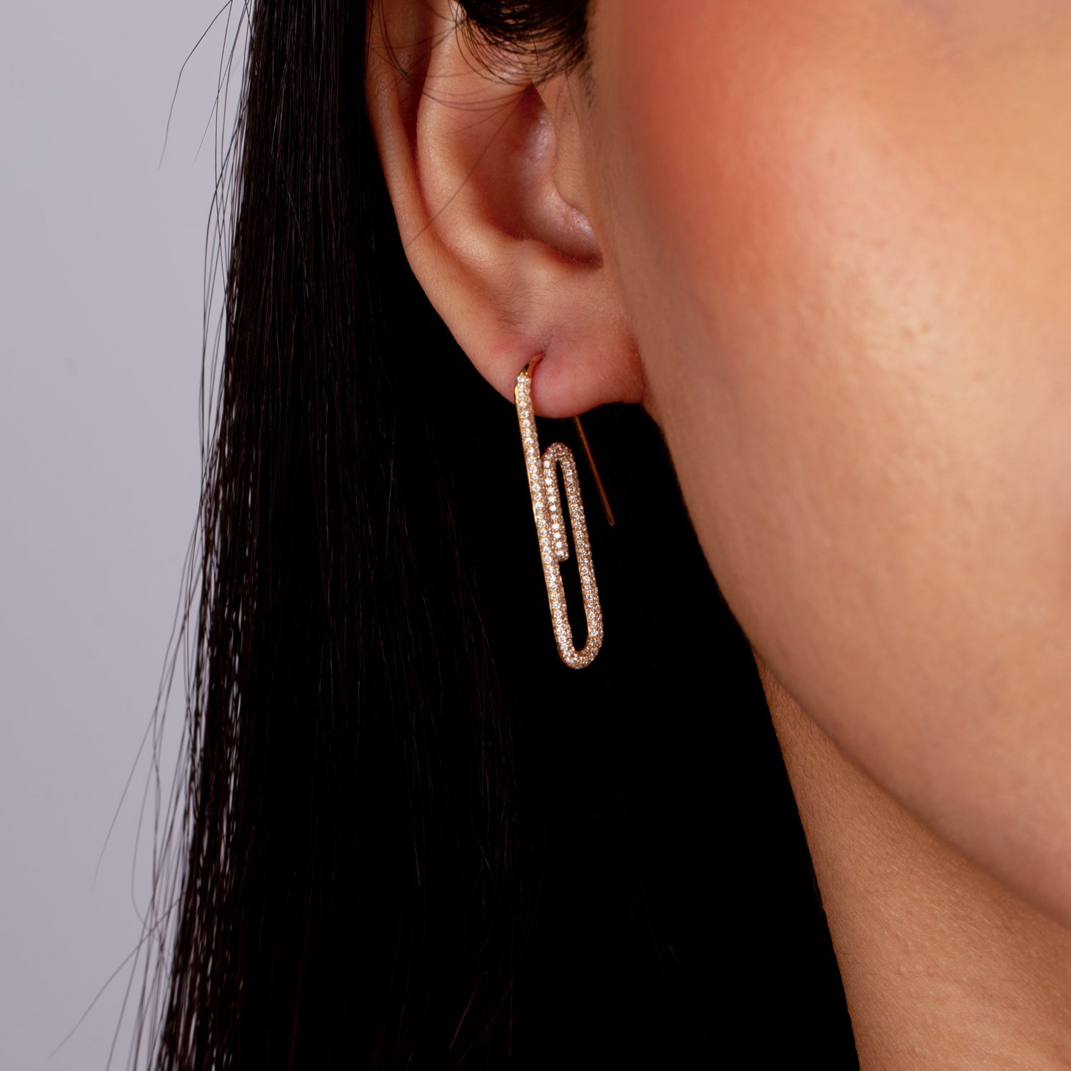 18K Yellow Gold Diamonds Paved Paperclip Earrings